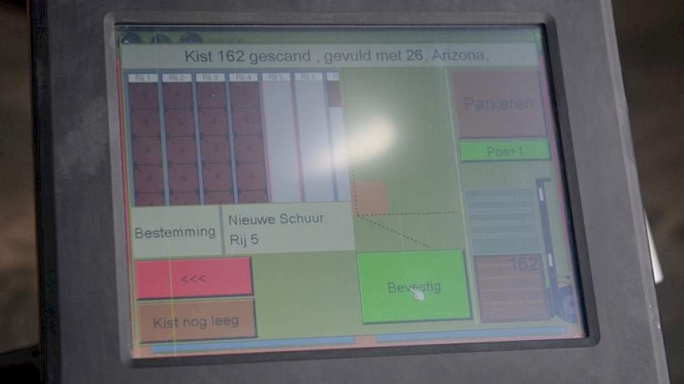Op de touchscreen krijgt de teler de kist te zien en moet hij de taak die ook op het scherm verschijnt bevestigen. Dit kan bijvoorbeeld zijn het legen of het vullen van de kist, of waar in de bewaarplaats hij de kist moet neerzetten. De heftruckchauffeur