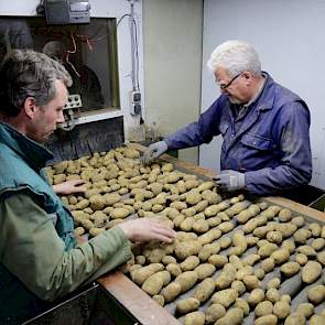 In het leeshok staan Timo van den Heuvel en medewerker Ype Fokkens. Akkerbouwer Van den Heuvel is tevreden over de kwaliteit van zijn pootaardappelen.  „Alleen een beetje rooibeschadiging en wat kluiten”, zegt Timo, die in maatschap met zijn moeder de boe