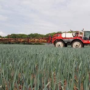 Het perceel dat Verhoeven spuit is dankzij regen en beregening licht vochtig, waardoor de bodemherbicide beter werkt.