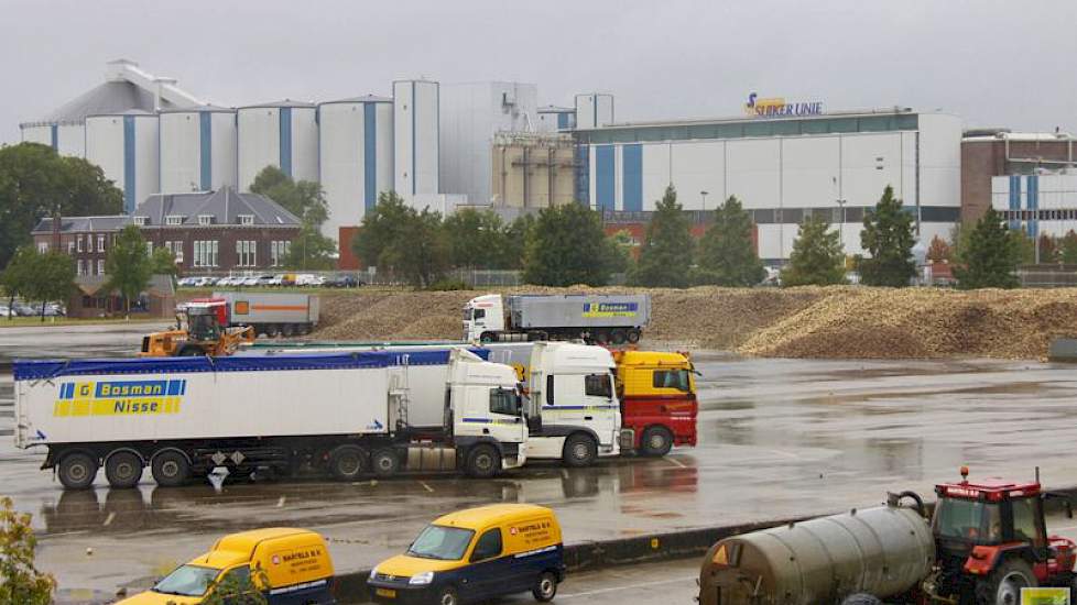 In de silo’s met blauwe streep bevindt zich de suiker. De verwerking van biet tot suiker neemt 24 uur in beslag. In het midden van de foto de voorraad voor zondag.