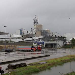 Aan de overkant van de weg, onder de toren (voorraadbunker) met vlag, worden de bieten versneden in de snijmolens eronder.