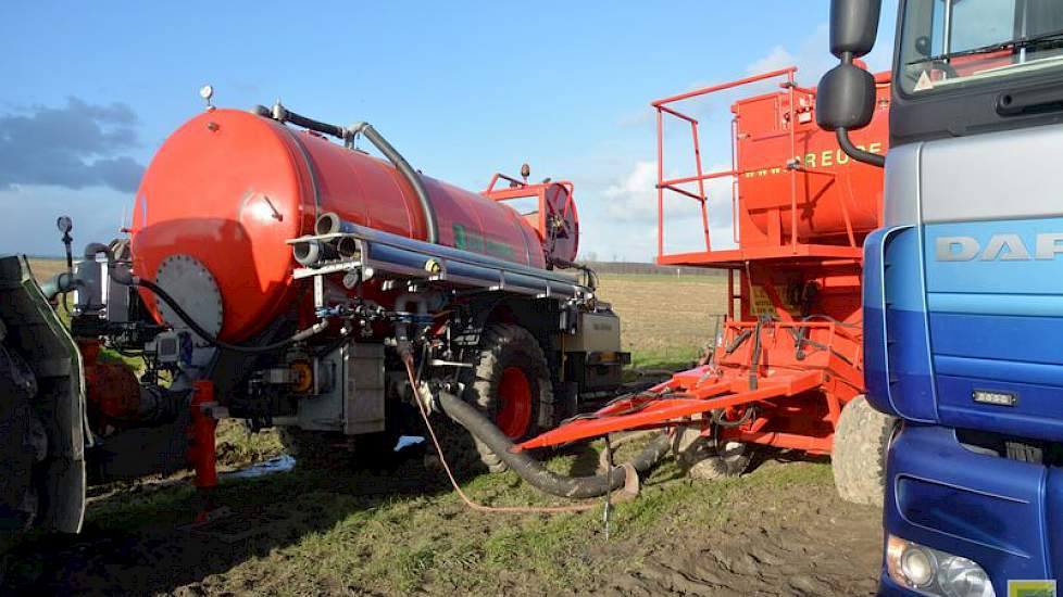 Een medewerker van Breure zorgt er voor dat de container wordt gevuld en dat de mest naar de bemester wordt gepompt.