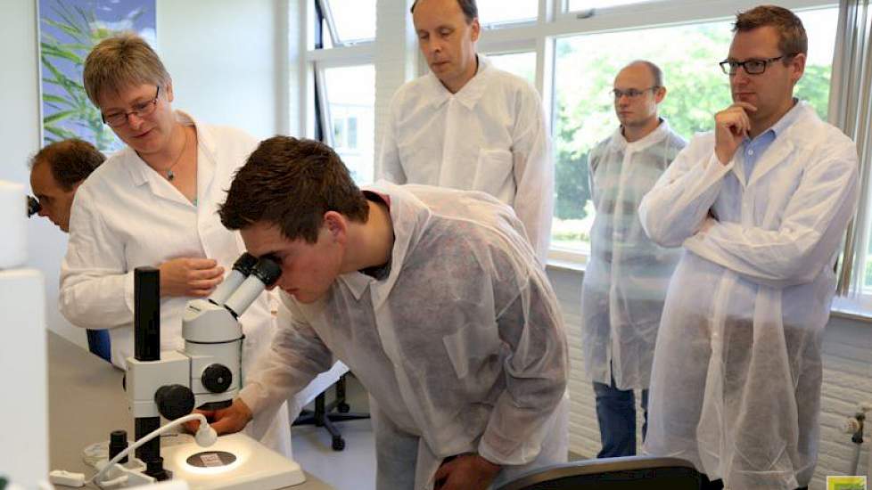 TopBodem-deelnemer Gijs Krol bekijkt de aaltjes door de microscoop.