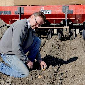 Als hij een paar ruggen heeft geplant, controleert Vijn de plantafstand. Het poten verloopt goed, zegt hij. ‘Het gaat prachtig. De grond ligt er mooi bij.’