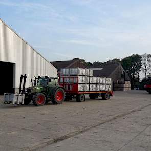 18 oktober: De proeven zijn gerooid. De aanhanger is geladen met de laatste 24 kratten van de rassenproef. Op de achtergrond staat de PASSI klaar voor transport naar de volgende locatie. De resultaten van de bietencysteaaltjesresistente rassenproef worden