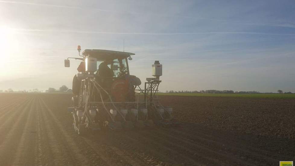 31 maart: De grond was gemakkelijk klaar te leggen, maar is onderin nog nat. Het zaad valt wel mooi op de vaste grond.