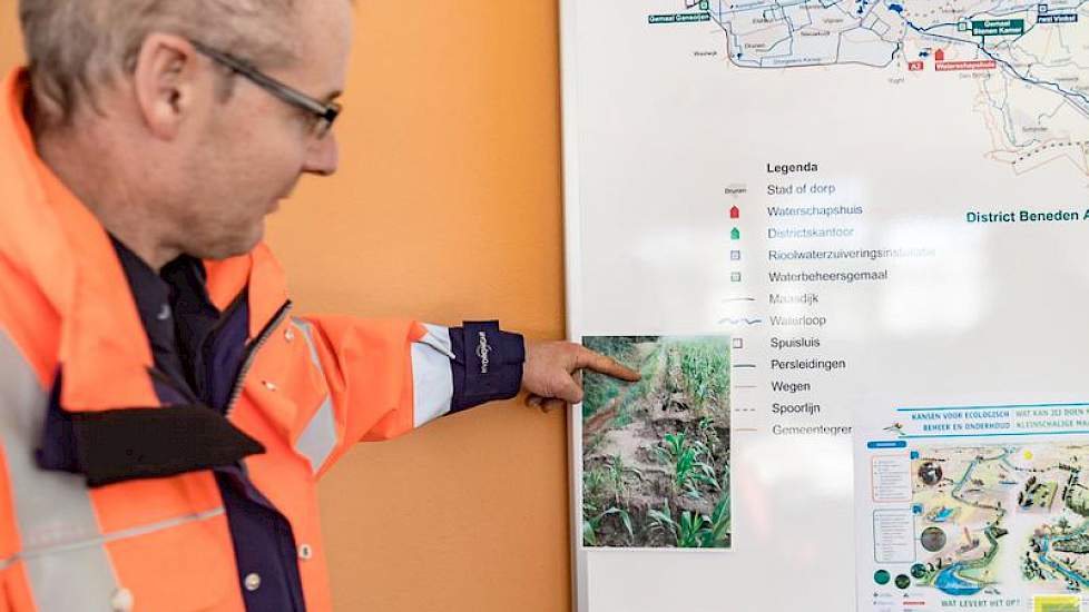 Een foto op kantoor laat zien wat er gebeurt als boeren hun mais tot vlak op de oeverrand inzaaien: verzakkingen, uitspoeling en scheuren  zijn het gevolg.