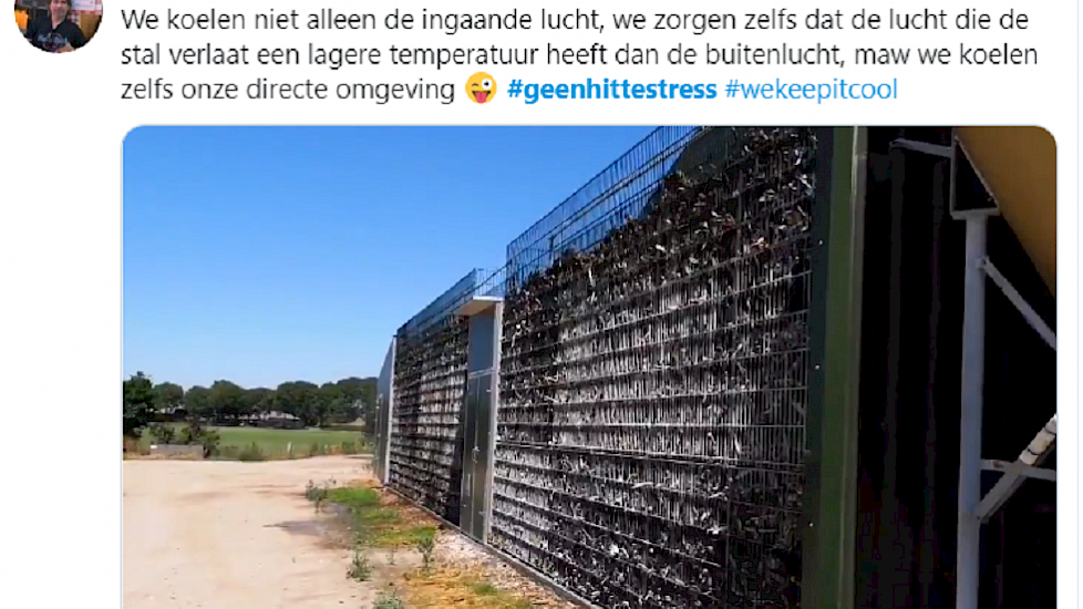 Varkenshouder Jan Vogels is deze dagen heel actief op sociale media om mensen uit te leggen wat hij allemaal doet voor de varkens én voor de omgeving tijdens de hitte. Ingaande lucht wordt gekoeld en uitgaande lucht komt ook gekoeld terug. gekoeld Het bio