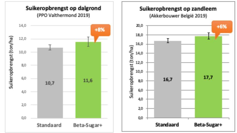 Figuur 2: Suikeropbrengst in praktijkproeven in 2019, op dalgrond (links) en zandleemgrond (rechts) (Bron: Soiltech).