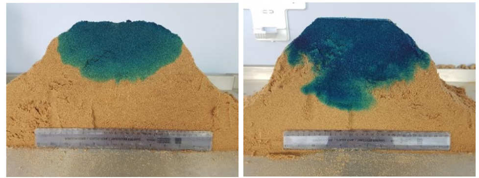 Links: water + kleurstof (32,6% bedekking) Rechts: water + H2Flo + kleurstof (49,8% bedekking).