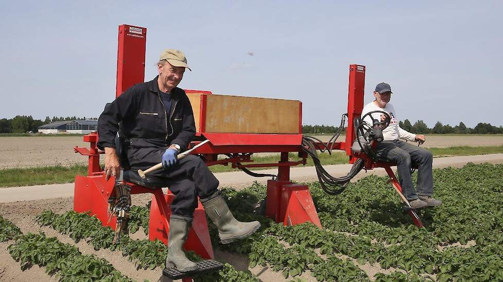 De twee oud-akkerbouwers die Claudia en Jaap helpen, concentreren zich op het werk. Ze laten niet weten hoe ze heten.