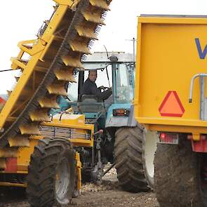 De uien worden geladen met een Samon lader die is voorzien van een egelband. Hiermee blijft al veel grond achter op het land.