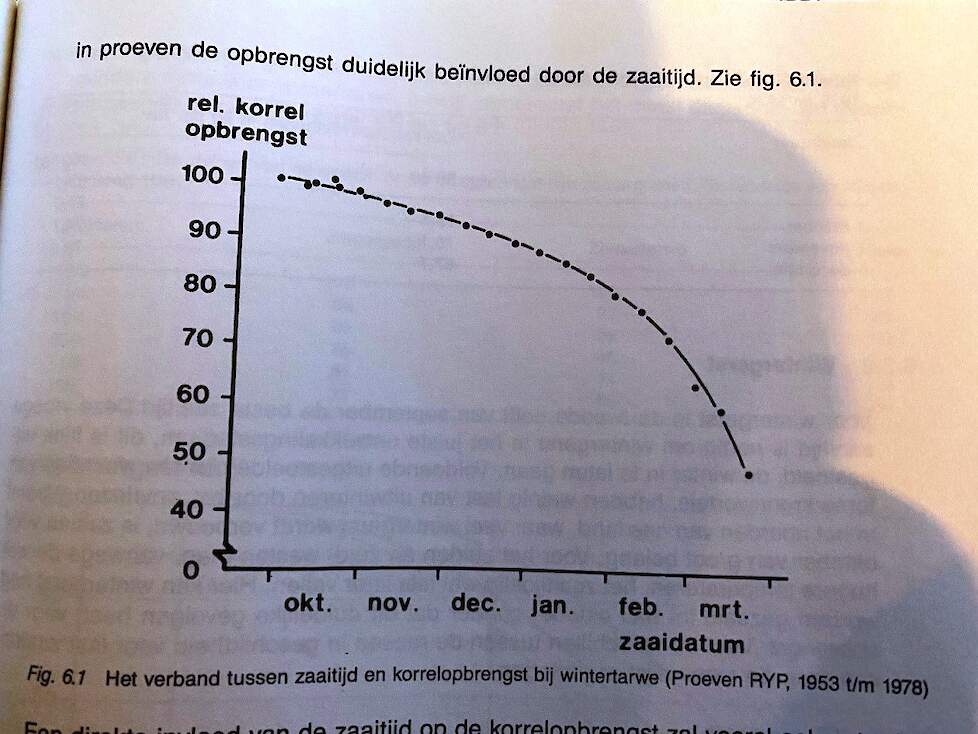 Afbeelding: het verband tussen zaaitijd en korrelopbrengst bij wintertarwe (Bron: proeven RYP, 1953 t/m 1978).