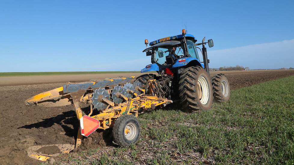 Voor het poten uit wordt groenbemester ondergeploegd. Kroes heeft hier kippenmest over uit laten rijden. Dat de ploegtrekker ook op breed spoor staat, is puur toeval, geeft medewerker Alexander Plasschaert aan. „Er zitten normaal andere banden onder deze