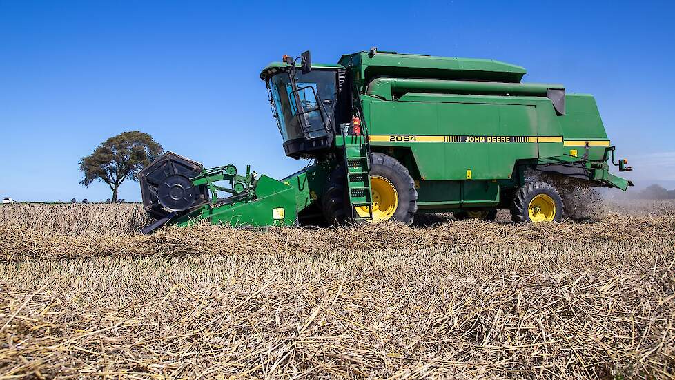 De familie Waiboer heeft samen met een akkerbouwer uit de buurt een combine, een John Deere 2054. „Een investering in een machine die maar vier dagen in een jaar werkt, kun je maar beter samen doen, zodat de kosten gedeeld kunnen worden.” Jaap Jan Waiboer