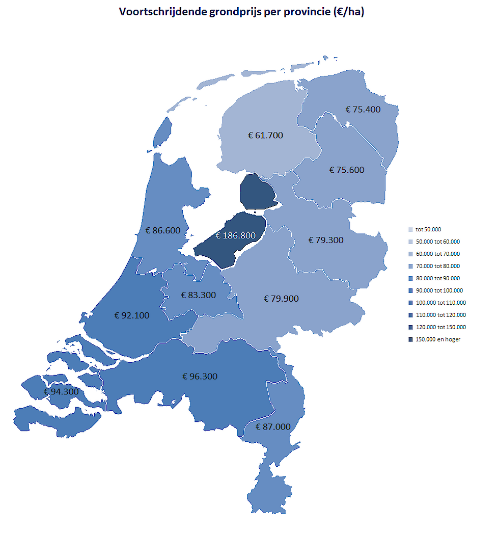 Kaart 1: Agrarische grondprijs naar provincie, vierde kwartaal 2024. Bron: Kadaster en Wageningen Economic Research.