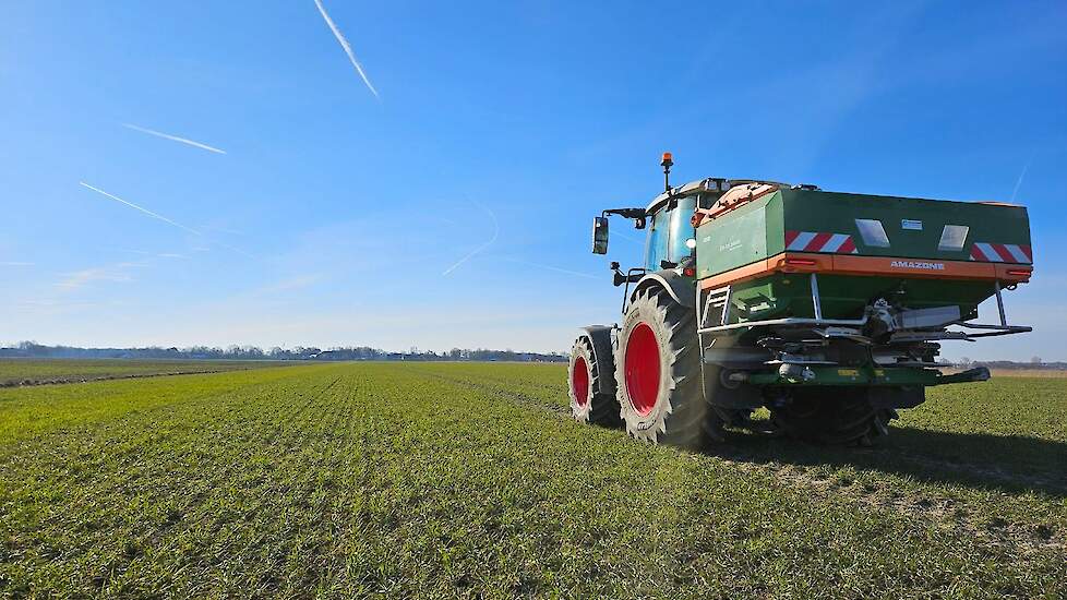 Ook akkerbouwer Laurens Persoon uit Noord-Groningen voorzag de wintertarwe van KAS Zwavel. „Onze zavelgronden kunnen wel wat zwavel gebruiken en het heeft een positief effect op de granen: het is goed voor de eiwitvorming, stikstofopname en dus uiteindeli