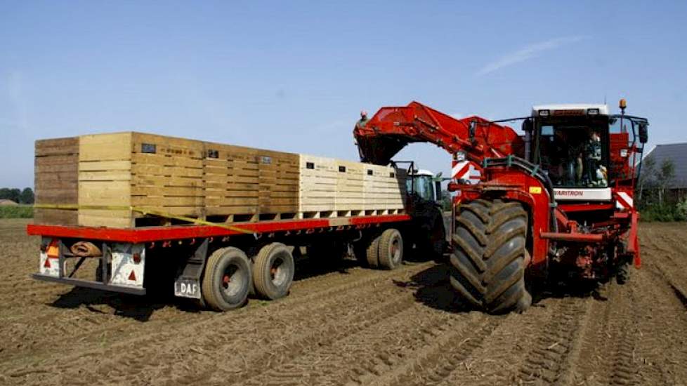 De aardappelen gaan direct in kisten de bewaring in. Dit zorgt voor flexibiliteit bij het sorteren en het voorkomt drukplekken.