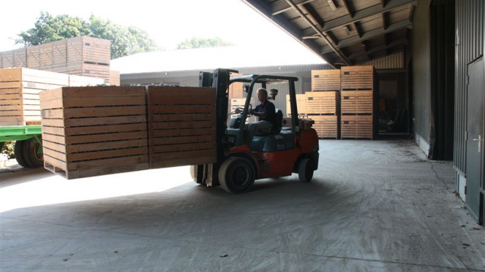 De heftruck heeft extra lange lepels waardoor twee kisten tegelijk van de wagen gepakt kunnen worden. Zo gaan ze direct de schuur in. Er komt geen stortbak aan de bak. Testers is ervan overtuigd dat hierdoor ook beschadigingen worden voorkomen.